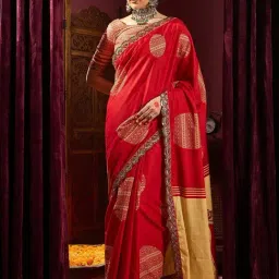 Saree Mall Red Embellished Sarees With Unstitched Blouse-image-81