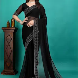 Women Pure Georgette Graceful Saree with Exquisite Diamond Embellishment Heavy Work Saree-image-15