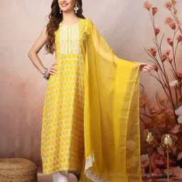 Stylum Yellow Embroidered A Line Kurta With Dupatta-image-31