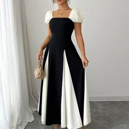 Outzidr Colourblocked Panel Puff Sleeve Fit & Flare Midi Dress image 2