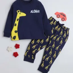 Bumzee Kids Navy & Yellow Cotton Printed Full Sleeves T-Shirt Set-image-65