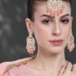 Peora Peach Ethnic Beads & Kundan Studded Earring & Maangtikka Sets image 2