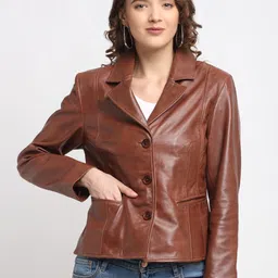 Teakwood Leathers Women Brown Leather Lightweight Tailored Jacket-image-47