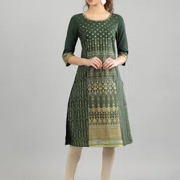 Aurelia Women Green & Gold-Coloured Floral Printed Cotton A-Line Kurta-picture-24