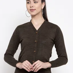 Kalt Women Coffee Brown Solid Front-Open Sweater-picture-14