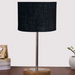 Devansh Black Textured Wood Cylindrical Shaped Table Lamp image 4