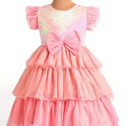 Babyhug Woven Frill Sleeves Layered Party Dress with Sequins & Bow Detailing - Pink-picture-24