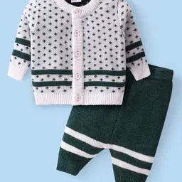 Babyhug Knitted Full Sleeves Front Open Sweater Set With Polka Dot Design - Green & White-picture-14