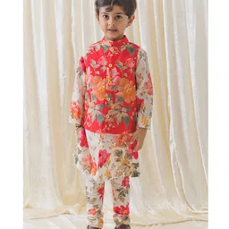 Tiber Taber Full Sleeves Floral Printed Coordinating Kurta Pyjama With Jacket - Cream image 1