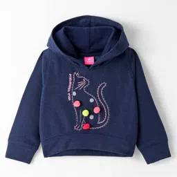 Wingsfield Full Sleeves Pom Pom Embellished Cat Printed Hooded Sweatshirt - Blue-picture-26