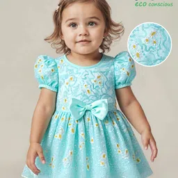 Babyoye Woven Half Puffed Sleeves Floral & SequinEmbroidered Party Frock with Bow Applique - Light Blue-picture-18