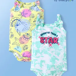 Babyoye 100% Cotton Knit Interlock Singlet Sleeves Eco Jiva Finish Tie & Dye Onesies with Sea Life Print Pack of 2 - Yellow & Light Blue-image-89