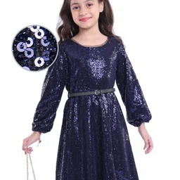 Hola Bonita Knit Party Wear FullSleeve Knee Length Glitter with Sequin Dress - Navy Blue-picture-11