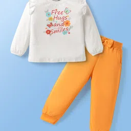 Doodle Poodle 100% Cotton Knit Full Sleeves T-Shirt & Joggers Set Floral & Butterfly Print - Yellow & White-picture-24