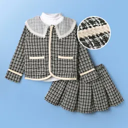 Mark & Mia Cotton Woven Full Sleeves Party Wear Peter Pan Collared Top & Skirt With Checks Design - Black-picture-20
