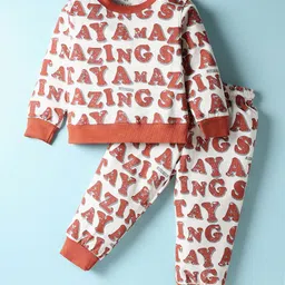 Smarty Boys Looper Knit Full Sleeves Alphabet Printed Co-Ords Night Suit - Rust Orange-picture-11