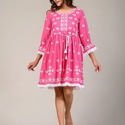 Zolo Label Women Floral Embroidered Bell Sleeve Cotton Fit & Flare Dress-image-72