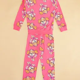 Pantaloons Junior Cotton Paw Patrol Featuring Full Sleeves Characters Printed Coordinating Sweatshirt & Joggers Set - Pink image 4