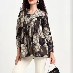 KALINI Women Grey Floral Print Cotton Lapel Collar Long Sleeves Peplum Top-picture-35