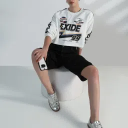 showoffff Showoff White Cotton Relaxed Fit Printed Crop Top image 5