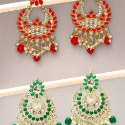 OOMPH Red and Green Stones and Kundan Large Ethnic Chand Bali Earrings Pack of 2-image-3