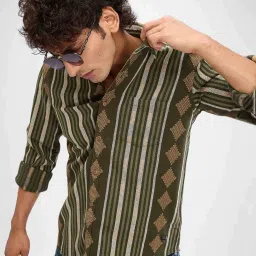 Spykar Green Slim Fit Striped Shirt image 5