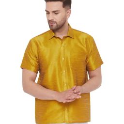VASTRAMAY Mustard Straight Fit Self Pattern Ethnic Shirt-picture-13