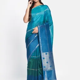 Fabindia Blue & Green Woven Saree Without Blouse-picture-19