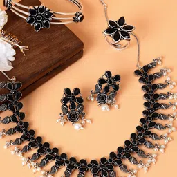 TEEJH Women Oxidised Silver-Toned Black & White Stone-Studded & Beaded Jewellery Set-picture-19