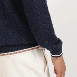 ANDAMEN Navy Regular Fit Self Design Cotton Sweater image 5