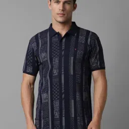 Men Navy Print Polo Neck T-shirt-image-0