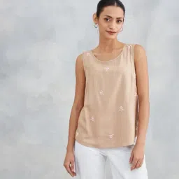 Fabindia Women's Beige Embroidered Round Neck Sleeveless Top-picture-45