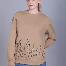 CORSICA Women Beige Printed Round Neck Cotton Sweatshirt-image-33