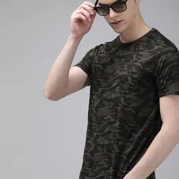 THE BEAR HOUSE Men Olive Green  Black Slim Fit Camouflage Printed Round Neck Pure Cotton T-shirt-picture-32