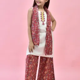 Juniper Girls White & Maroon Embroidered Kurta, Plazzos With Dupatta image 5