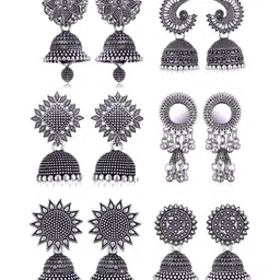MEENAZ Set Of 6 Silver-Plated Stones Studded & Beaded Dome Shaped Oxidised Jhumkas-image-16