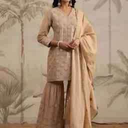 Scakhi Beige Mulmul Mirror Embroidered Kurta with Sharara and Dupatta-picture-16