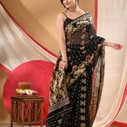 Desh Bidesh Black Cotton Woven Design Saree With Unstitched Blouse Piece image 3