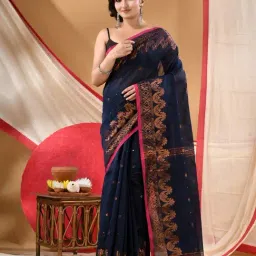 Desh Bidesh Navy Blue Cotton Woven Design Saree With Unstitched Blouse Piece-picture-30