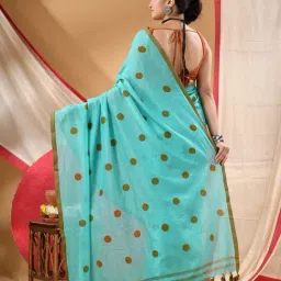 Desh Bidesh Teal Cotton Printed Saree Without Blouse Piece image 2
