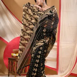 Desh Bidesh Black Cotton Woven Design Saree With Unstitched Blouse Piece image 4