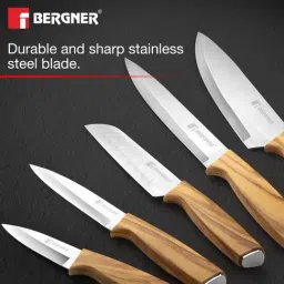 Bergner Silver Stainless Steel Knife with Wooden Knife Block - Set of 6 image 4