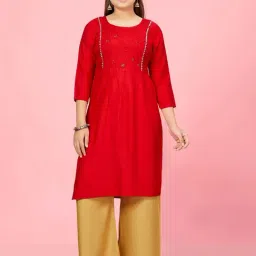 Aarika Kids Red & Fawn Beige Embroidered Kurti Set-image-28