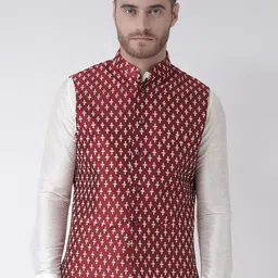 DEYANN Men Red & White Printed Woven-Design Nehru Jacket-picture-19