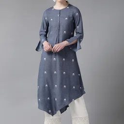 W Women Navy Blue & White Printed Asymmetric Hemline A-Line Kurta-picture-22