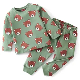 Babyhug Cotton Knit Full Sleeves Teddy Printed Night Suit - Green-picture-31