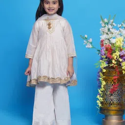 Little Bansi Chanderi Cotton Three Fourth Sleeves Lace & Sequin Embellished Kurta Palazzo With Dupatta Set - Cream-picture-24