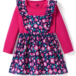 Doodle Poodle Cotton Knit Sleeveless Frock with Full Sleeves T-Shirt Floral Print - Dark Pink & Navy Blue-image-87