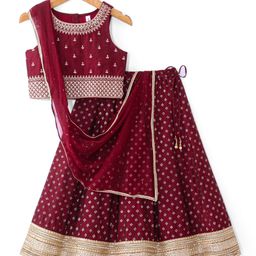 Babyhug Woven Sleeveless Printed Choli Lehenga & Dupatta Set with Embroidery & Lace Detailing - Maroon-image-101