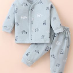 Zero Fleece Knit Full Sleeves Winter Wear Front Open T-Shirt & Lounge Pant Set Construction Vehicle Print - Grey-picture-44
